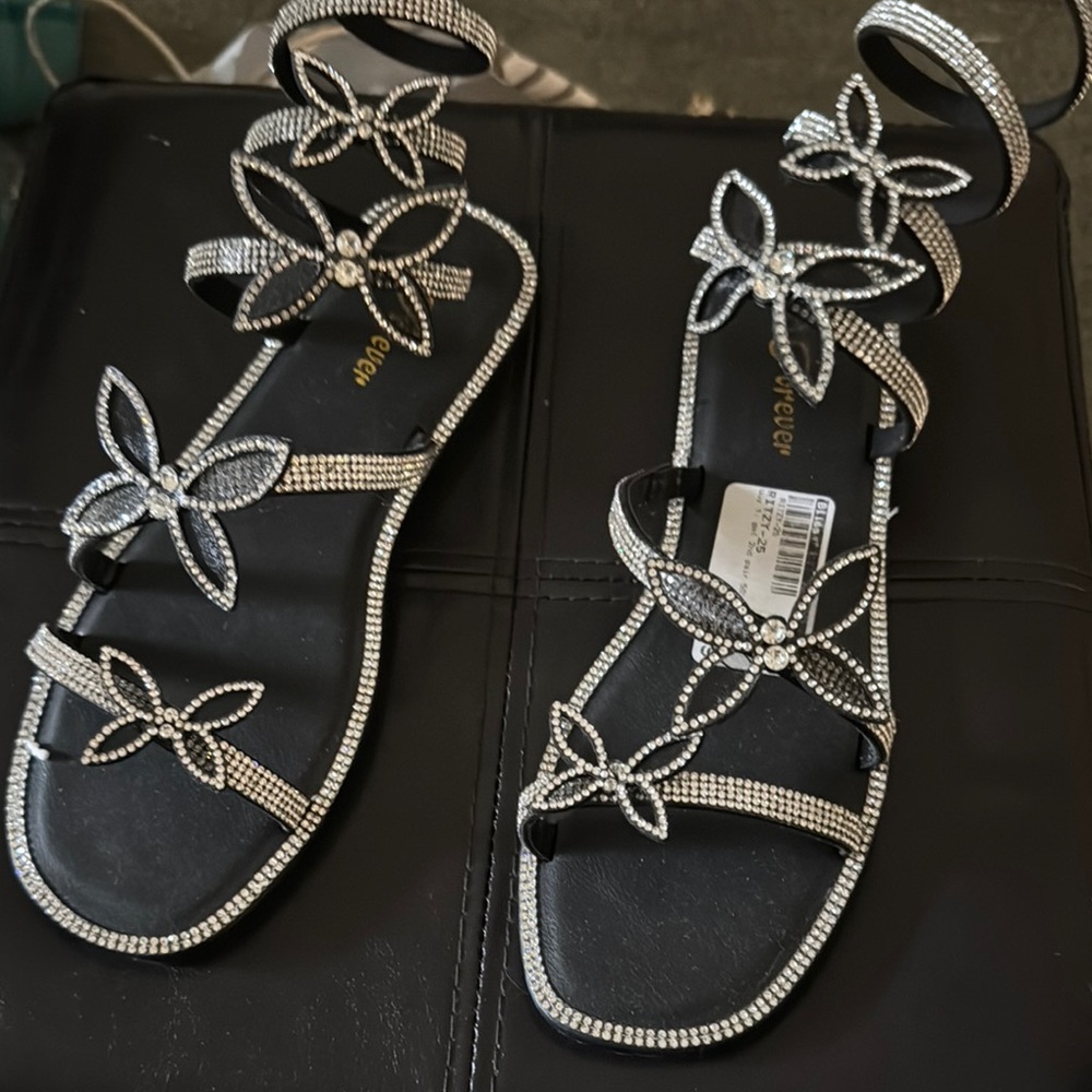 Black Sandals with Rhinestone Embellishments